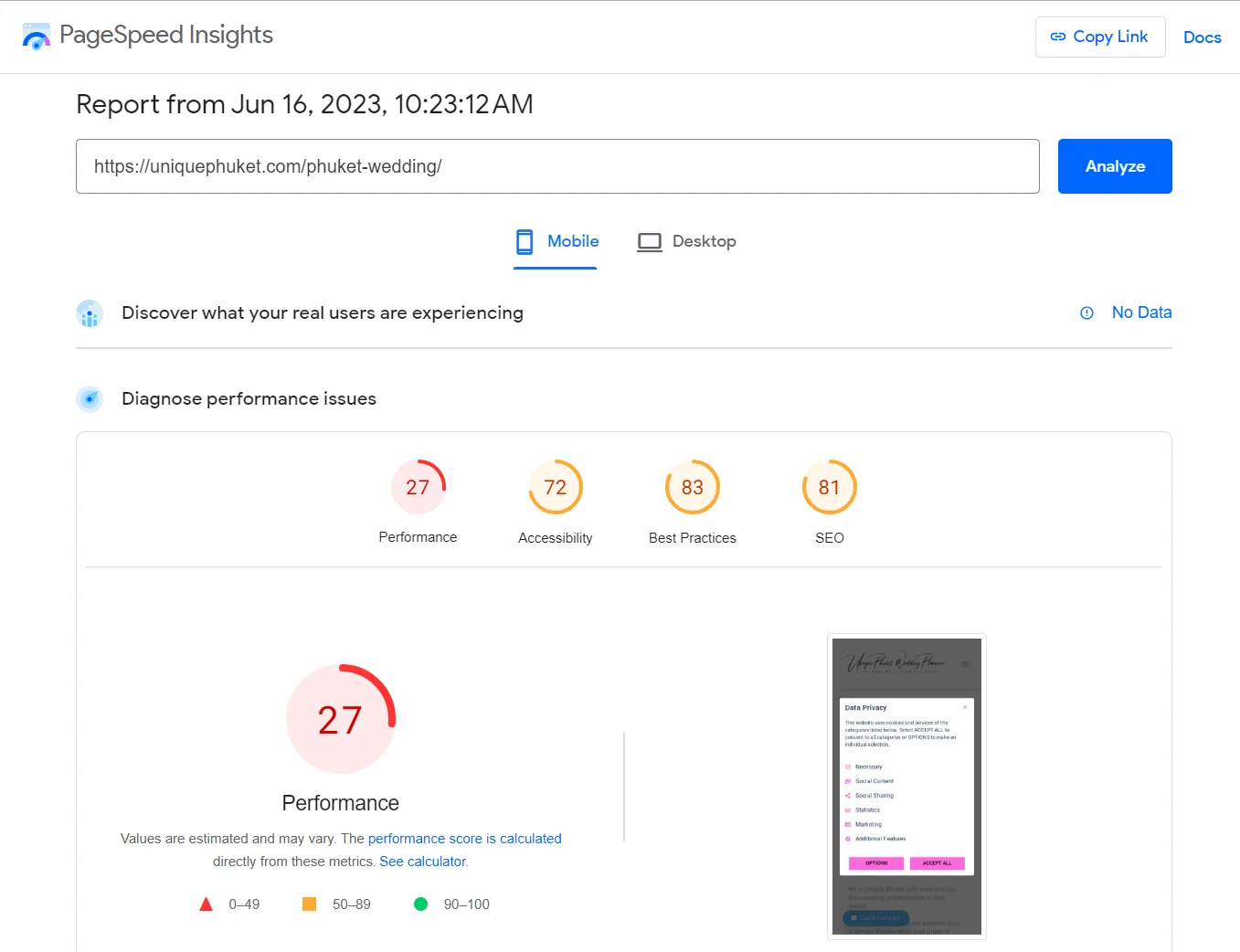 PageSpeed Insights Mobile report showing a performance score of 27.